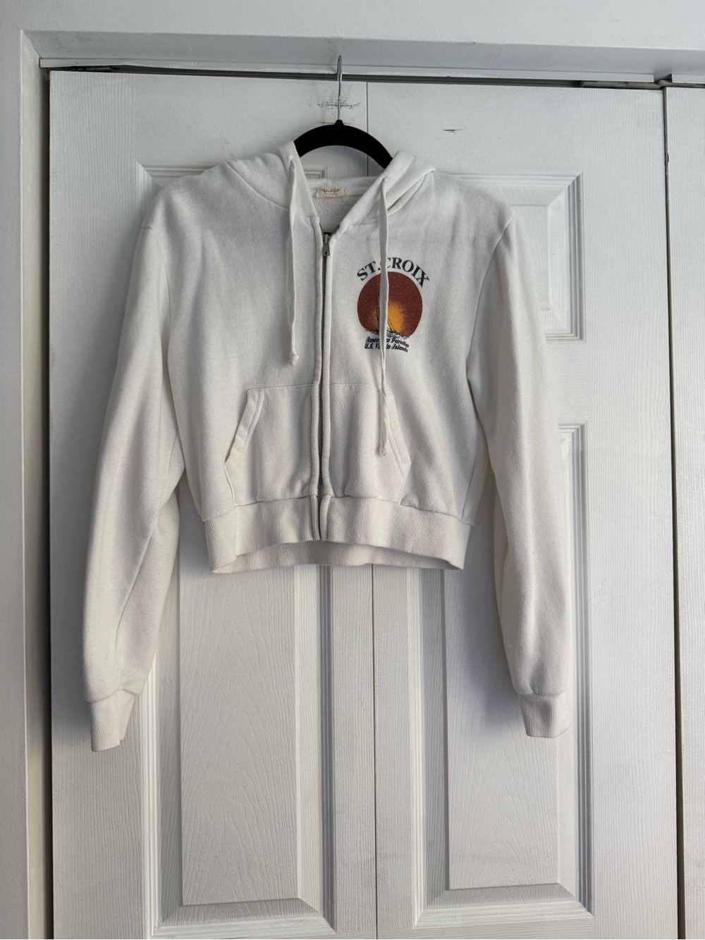 Brandy Melville x John Galt White Cropped Zip Hoodie with Sunset Graphic